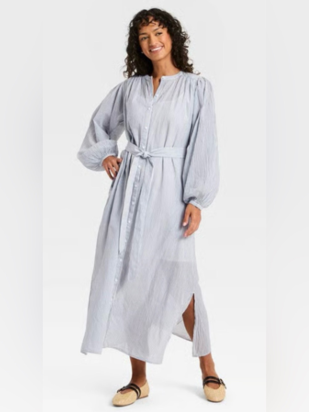 Universal Thread Light Blue Striped Button-Front Maxi Robe with Tie Waist